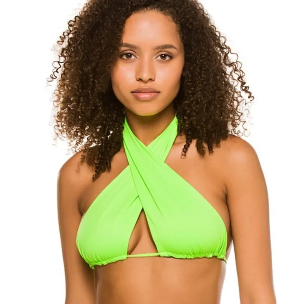 Frankies bikinis neon lime green wrap bikini top